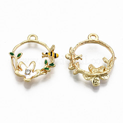 合金エナメルチャーム  クリスタルラインストーン付き  カドミウムフリー＆鉛フリー  蜂と花輪  ライトゴールド  カラフル  21x18.5x3.5mm  穴：1.6mm&nbsp;X-ENAM-S126-002-RS