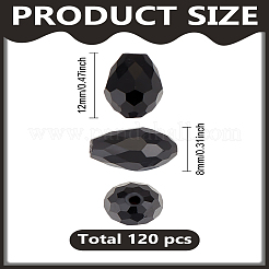 2 連売り クリスタルガラスビーズ 連売り  多面カット  ティアドロップ  ブラック  12x8mm  穴：1mm  約60個/連  27.10インチ（68.83cm）&nbsp;GLAA-LP0001-10