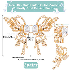 2 пара сережек-гвоздиков в форме бабочек с латунным паве из прозрачного кубического циркония&nbsp;KK-BBC0018-66