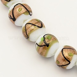 Handmade Gold Sand Lampwork Beads Strands, Round, White, 10mm, Hole: 2mm, about 30pcs/strand, 11.4inch
