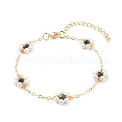 Perlas de concha y cuentas de acrílico pulseras de eslabones de flores, con cadenas de cable de cobre, dorado, negro, 2mm, 7-1/4 pulgada (18.4 cm)
