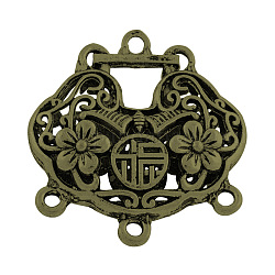 Tibetan Style Alloy Hollow Longevity Lock Carved Flower Chandelier Components Links, Lead Free  & Nickel Free, Antique Bronze, 44x41x12mm, Hole: 3mm