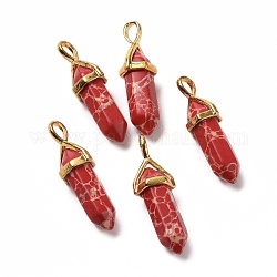 Colgantes de jaspe imperial rojo sintético, facetados, con fornituras de latón de tono de oro, sin plomo y el cadmio, bala, 27~30x9~10x7~8mm, agujero: 4x3 mm