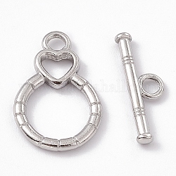 304 Stainless Steel Toggle Clasps, Flat Round with Heart, Stainless Steel Color, Bar: 6x19.5x2mm, hole: 2.5mm, Flat Round with Heart: 21x13.5x2mm, hole: 2.5mm