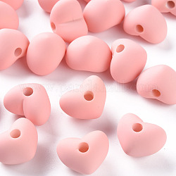 Perles acryliques, de Style caoutchouté, demi-percés perles, cœur, corail lumière, 14.5x18.5x13.5mm, Trou: 3.5mm