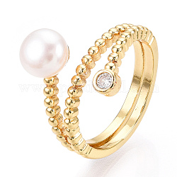 Anello da dito a doppia linea di perle naturali con strass, anelli in ottone per le donne, vero placcato oro 18k, misura degli stati uniti 7 (17.3mm)