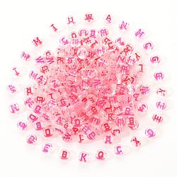 Perles acryliques transparentes transparentes, trou horizontal, plat rond avec lettre aléatoire, rose foncé, 7x4mm, Trou: 1.6mm, 200 pièces / kit