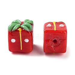 Caja de regalo de navidad cuentas de murano hechas a mano, rojo, 14x12x14mm, agujero: 1.8 mm