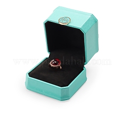 Flower PU Leather Octagonal Ring Jewelry Box, Finger Ring Storage Gift Case, with Velvet Inside, for Wedding, Engagement, Cyan, 7.5x7.5x6.2cm