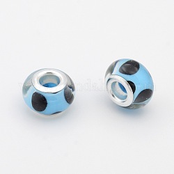 Dot Pattern Resin European Beads, Large Hole Rondelle Beads, with Silver Tone Brass Cores, Light Sky Blue, 14x9mm, Hole: 5mm
