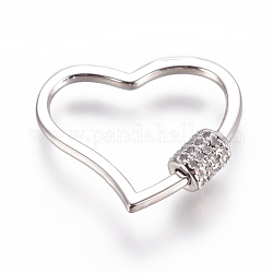 Messing Micro Pave Zirkonia Schraube Karabiner Schloss Charms, für die Herstellung von Halsketten, Herz, Transparent, Platin Farbe, 22x26x2~5.5 mm