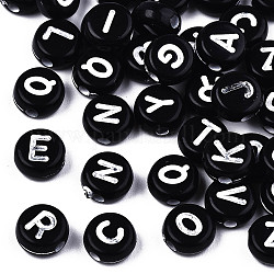 Perles acryliques noires opaques de style artisanal, trou horizontal, plat rond avec des lettres blanches, 7x3.2mm, Trou: 1.5mm, environ 400 pcs/50 g