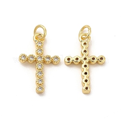 Ottone micro spianare pendenti zirconi, con anello di salto, fascino croce fiore religione, vero placcato oro 18k, 20x13x2.5mm, Foro: 3.3 mm