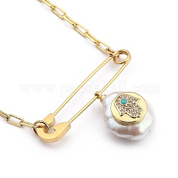 Colliers pendentif perle naturelle, avec 201 épingles de sûreté en acier inoxydable et boîte en carton, plat rond avec hamsa main, or, 15.55~16.14 pouce (39.5~41 cm)