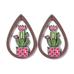 Bois imprimé grands pendentifs, larme avec breloques cactus, rose, 56x37x2.5mm, Trou: 1.5mm