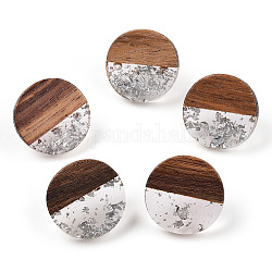 Плоские круглые серьги-гвоздики из смолы и орехового дерева с 304 штифтом из нержавеющей стали для женщин, серебряные, 18 мм, штифты : 0.7 мм