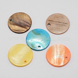 Pendentif de coquille ronde plate naturelle teintée, couleur mixte, 25x2mm, Trou: 2mm