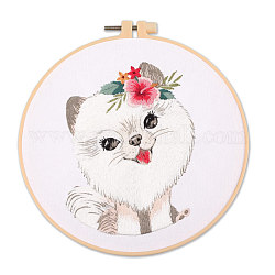 DIY Puppy Dog Embroidery Kit for Beginners, Included Plastic Embroidery Hoop, Needle, Threads, Cotton Fabric, Pomeranian Pattern, Hoop: 20x20cm