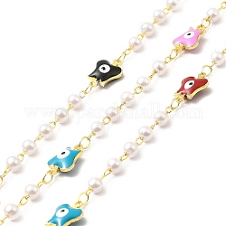 Handmade Brass Enamel Butterfly with Evil Eye Link Chain, with Glass Pearl, Soldered, with Spool, Cadmium Free & Lead Free, Real 18K Gold Plated, Butterfly: 12.5x8x4mm, Round: 4.5mm