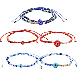 3 Sets 3 Colors Adjustable Nylon Cord Braided Bead Bracelets Sets, with Evil Eye Lampwork Beads, Glass Seed Beads, Frosted Glass Beads and Brass Beads, Mixed Color, Inner Diameter: 2~4 inch(5.2~10.2cm), 2pcs/set, 1set/color