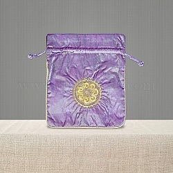 Chinese Style Brocade Drawstring Gift Blessing Bags, Jewelry Storage Pouches for Wedding Party Candy Packaging, Rectangle with Flower Pattern, Medium Purple, 18x15cm