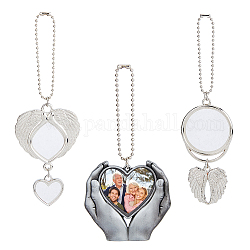 SUPERFINDINGS 3 Style Alloy Heat Transfer Sublimation Hanging Blank Pendant Decorations, Keychain Ornament Decoration, Heart & Wing & Flat Round, Antique Silver, 130~170mm