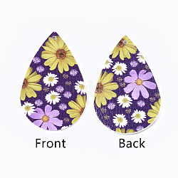 Gros pendentifs en cuir pu, larme, avec motif de fleurs, violet, 55x35x2mm, Trou: 2mm
