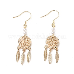 Brass Dangle Earrings for Women, with Plastic Beads and 925 Sterling Silver Pins, Woven Web/Net with Feather, Light Gold, 51mm, Pendant: 36.5x12x2mm, Pin: 0.9mm