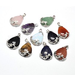Teardrop with Flower Platinum Plated Brass Natural & Synthetic Mixed Stone Pendants, Cadmium Free & Lead Free, 38x27x9mm, Hole: 4x7.5mm