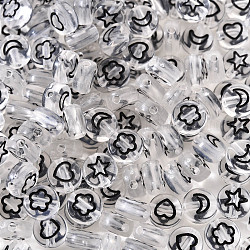 Transparent Acrylic Beads, Flat Round with Black Moon & Heart Flower & Star, Black, 7x4mm, Hole: 1.5mm, about 200pcs/500g