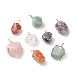 Natural Mixed Stone Pendants, with Platinum Tone Copper Wire Wrapped, Nuggets, 28~40x18~29x14~20mm, Hole: 4~5mm