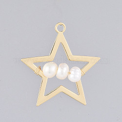 Pendenti con perle d'acqua dolce coltivate naturali, con accessori in lega, stella, oro, 29x28x5mm, Foro: 2 mm