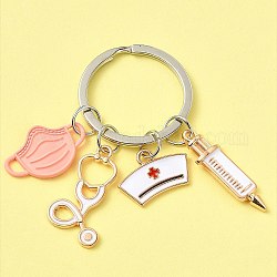 Masque et capuchon d'infirmière et seringue d'injection et stéthoscope porte-clés pendentif en émail, porte-clés en alliage à thème médical, rose, 6.2 cm
