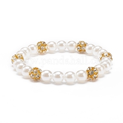 Bracelet extensible en perles rondes en laiton et perles en plastique ABS avec strass transparents pour femme, or, diamètre intérieur: 2-1/8 pouce (5.5 cm)