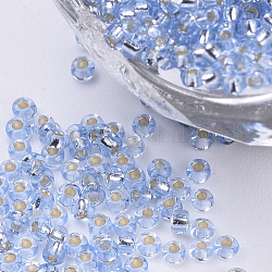 Argento rivestito seme di vetro borda, tondo, azzurro, 1.5~2x1mm, Foro: 0.6 mm, circa 120000pcs/scatola, su 450 g / borsa