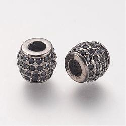 Perles de zircone cubique micro pave en Laiton, baril, Perles avec un grand trou   , noir, gunmetal, 11.5x10mm, Trou: 6mm