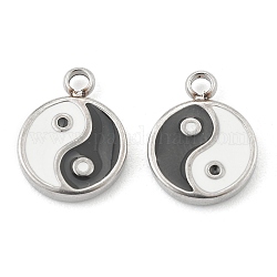 Fashion 304 Stainless Steel Enamel Charms, Flat Round with Tai Ji, Stainless Steel Color, 13x10x2mm, Hole: 1.8mm