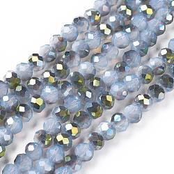 Electroplate Opalite Glass Beads Strands, Half Plated, Faceted, Rondelle, Light Green, 6x4mm, Hole: 1mm 97pcs/strand, 17.1inch