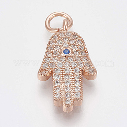 Brass Micro Pave Cubic Zirconia Pendants, with Jump Rings, Hamsa Hand/Hand of Fatima /Hand of Miriam, Clear, Rose Gold, 20x12x3mm, Hole: 3mm