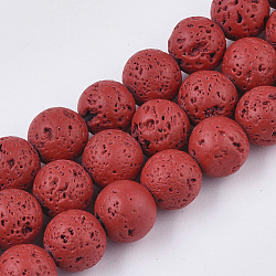 Fili di perle di roccia lavica naturale verniciati a spruzzo, tondo, rosso, 8~9mm, Foro: 0.7 mm, circa 47~48pcs/filo, 15.75 pollice (40 cm)