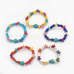 Bracelets extensibles pour enfants en perles synthétiques turquoise (teintes), tortue de mer et étoile de mer / étoiles de mer et rond, couleur mixte, 2-1/8 pouce (5.5 cm)