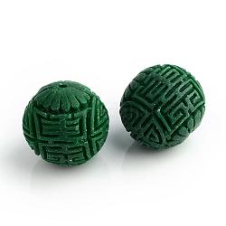 手作り辰砂ビーズ  彫刻が施された漆器  ラウンド  濃い緑  24x22mm  穴：2mm