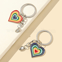 Alliage émail couleur arc-en-ciel pendentif coeur porte-clés, porte-clés couple fermoir coeur magnétique, platine, anneau: 3cm, 2 pièces / kit
