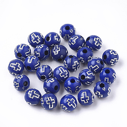Perles acryliques plaquées, métal argenté enlaça, ronde avec la croix, bleu, 8mm, Trou: 2mm, environ 1800 pcs/500 g