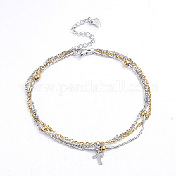 304 Stainless Steel 3-strand Chain Bracelets, Cross Charm Bracelets, with Lobster Claw Clasps, Golden & Stainless Steel Color, 8 inch(20.3cm)