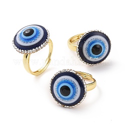 Verstellbarer Böser-Blick-Ring aus Bunte Malerei mit Strass, Glücksschmuck aus goldenem Messing für Frauen, Blau, Innendurchmesser: 18~22.5 mm