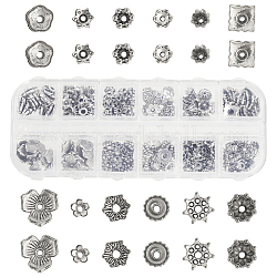 Sunnyclue 240 Stück 12 Stil Perlenkappen aus Legierung, Blume, Antik Silber Farbe, 6~9x6~9x2~5 mm, Bohrung: 1~2 mm, 20pcs / style
