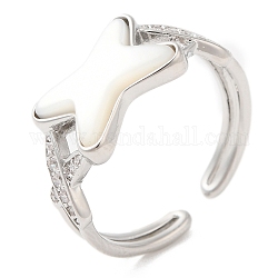 Anillo abierto cruzado de concha natural con circonita cúbica, anillo de latón para mujer, Platino real plateado, diámetro interior: 16.8 mm