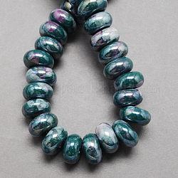 Handgemachte Porzellan europäischen Perlen, Großloch perlen, perlig, Rondell, dunkles Cyan, 12x9 mm, Bohrung: 4 mm