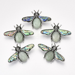 Natural Green Aventurine Brooches/Pendants, with Rhinestone and Alloy Findings, Abalone Shell/Paua Shelland Resin Bottom, Bee, Antique Silver, 36x56.5x14mm, Hole: 7x4mm, Pin: 0.7mm